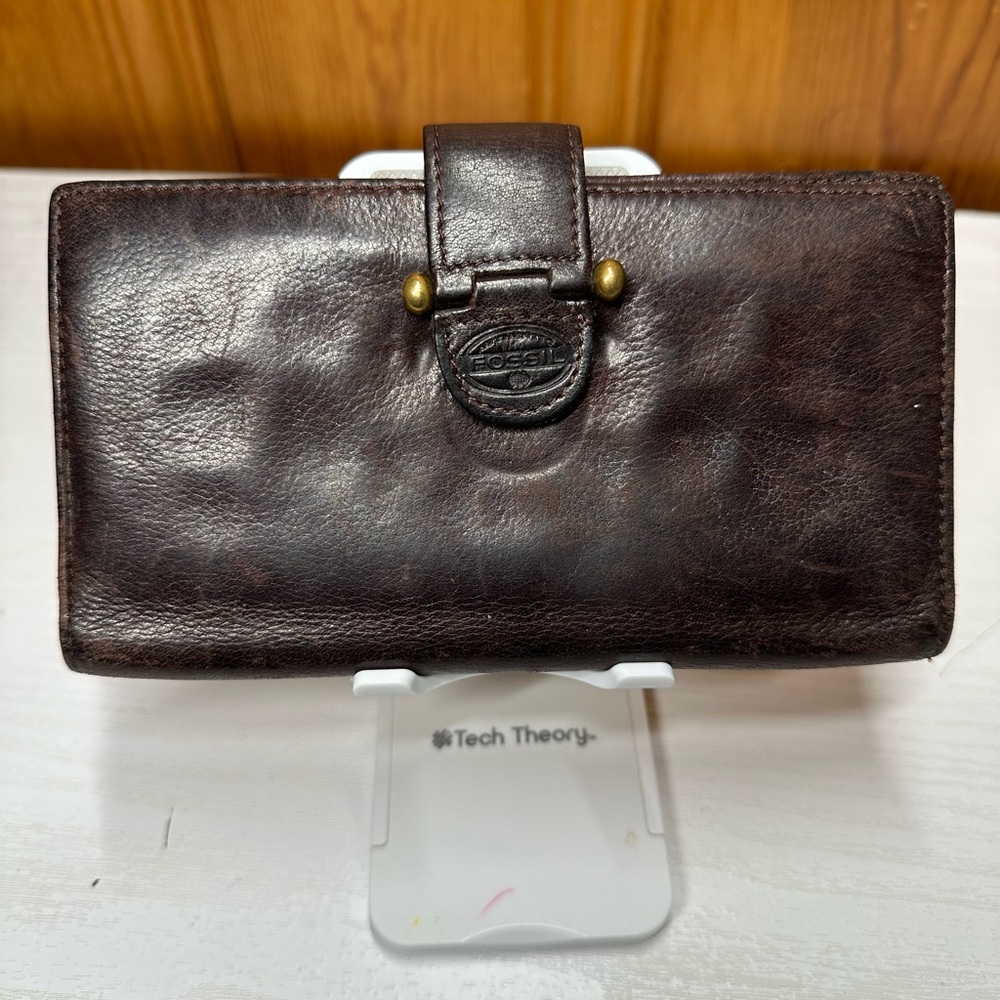 Fossil Dark Brown Leather Men's Wallet with Brass Accent